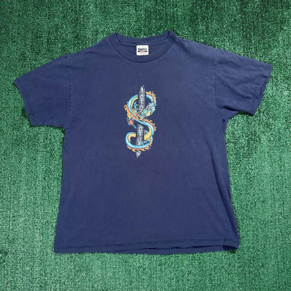 Vintage Y2K Style Tultex Dragon and Sword Graphic T-Shirt, Navy Blue Large